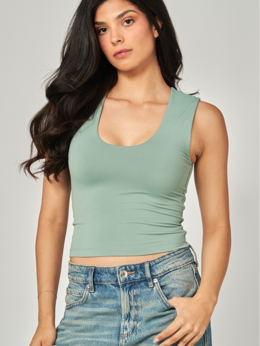 Sage Green Contour Double Layered Scoop Neck Tank Top